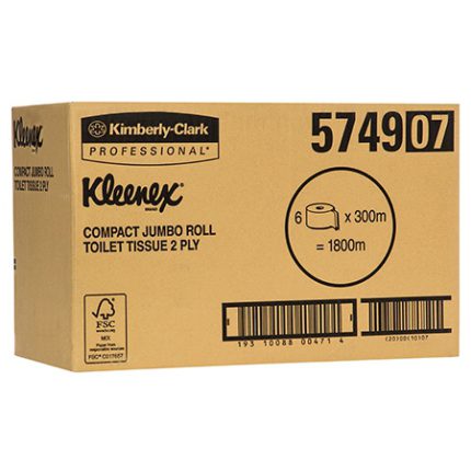 Kleenex® 5749 Compact Jumbo Roll Toilet Tissue, 2 Ply, 300 Metres/Roll, 6 Rolls/Case