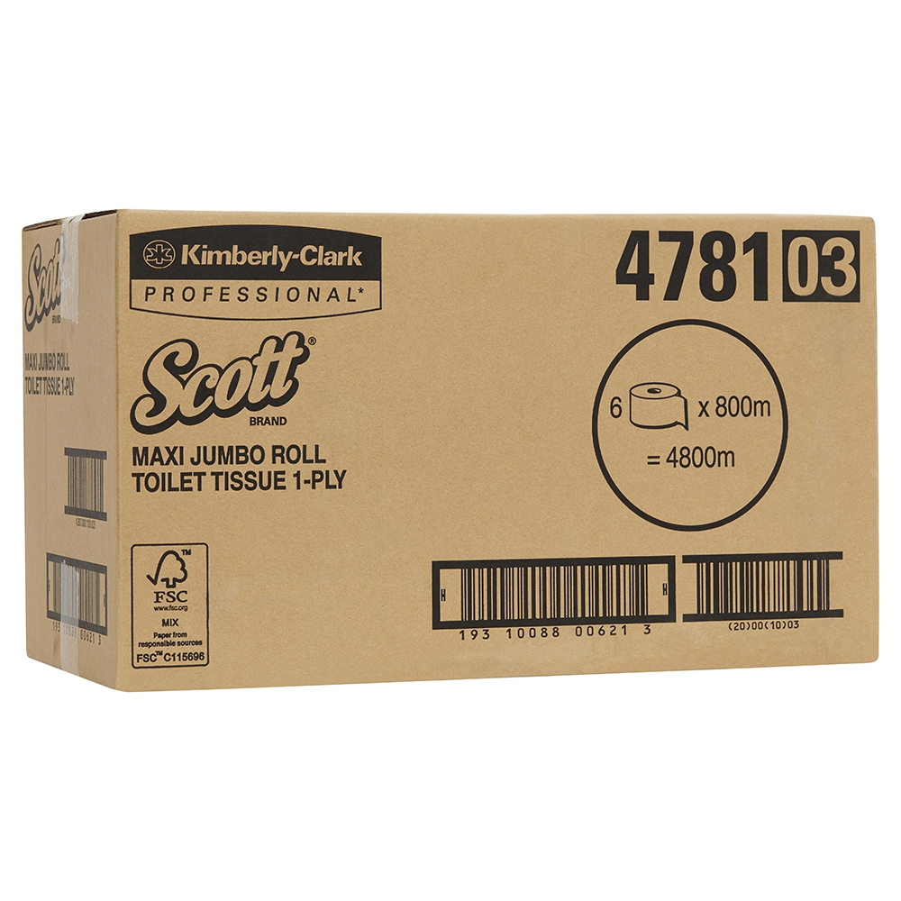Scott® 4781 Maxi Jumbo Roll Toilet Tissue, 1 Ply, 800 Metres/Roll, 6 Rolls/Case 6