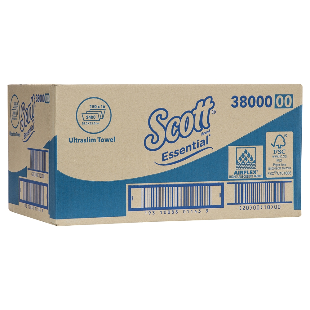 38000 Scott® Essential™ Ultraslim Hand Towel , 24cmx21cm, 150 towels/pack, 16 packs/case 38000 Scott® Essential™ Ultraslim Hand Towel , 24cmx21cm, 150 towels/pack, 16 packs/case